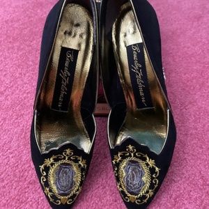 Beverly Feldman Black Suede Herls , Gold Accent -- Size 7